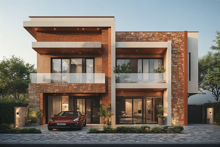 Mediterranean Flair Duplex Front Elevation Design