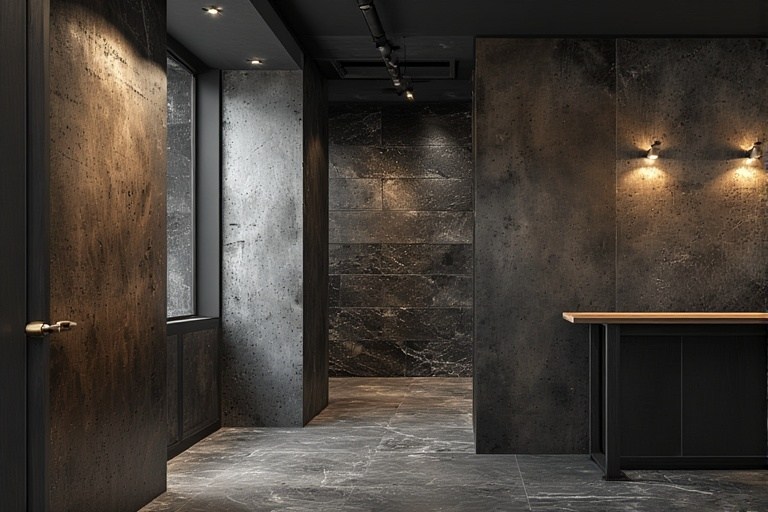 Metal-Inspired Panels with Dark Stone Tiles