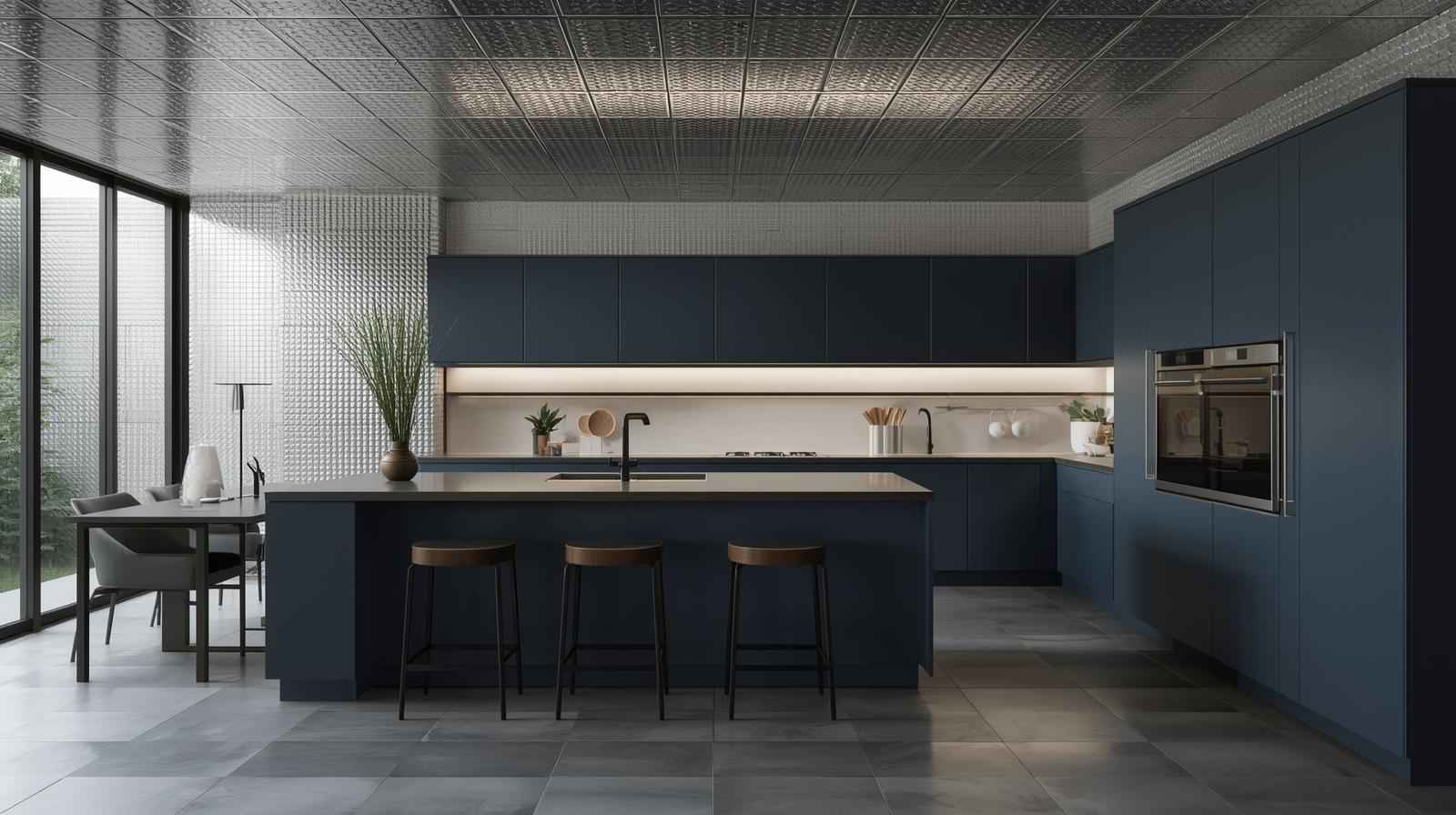 Metallic ceiling tiles combined with monochrome floor tiles create a sleek and futuristic interior look.