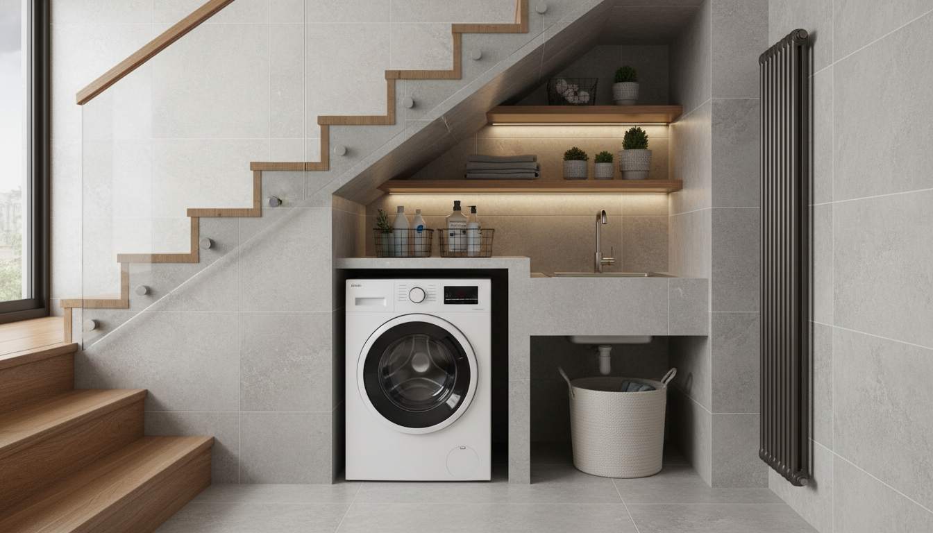 Mini laundry station under stairs design ideas for utility