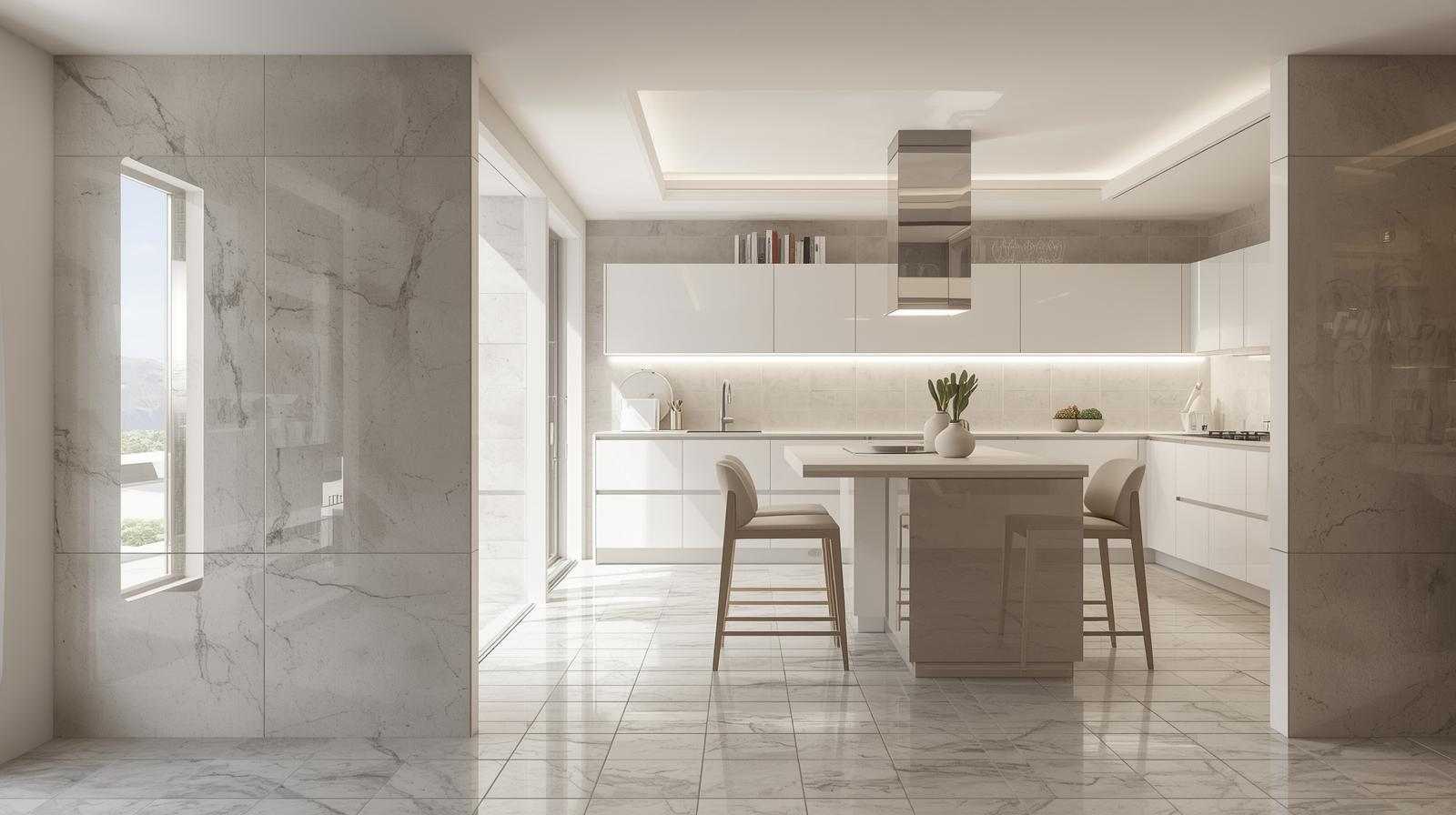 Minimal Glossy Tiles for Bright, Simple Kitchen Partitions