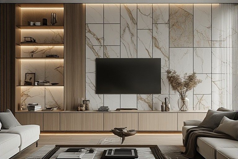 Minimal marble wall showcase design.