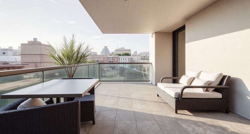 Minimalist Balcony with Neutral Stone Tiles and Cladding