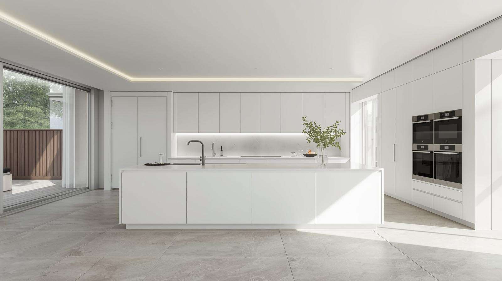 Minimalist ceiling with large format tiles delivers a clean and spacious contemporary interior style.