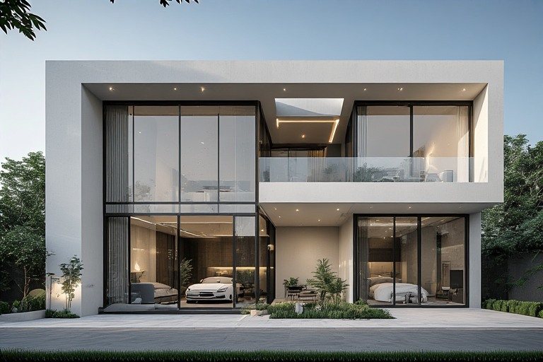 Minimalist 3 floor house design featuring large glass panels.