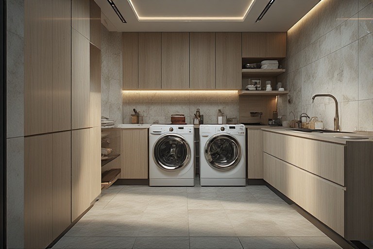 Minimalist wash area design with hidden appliances and subtle tiles.