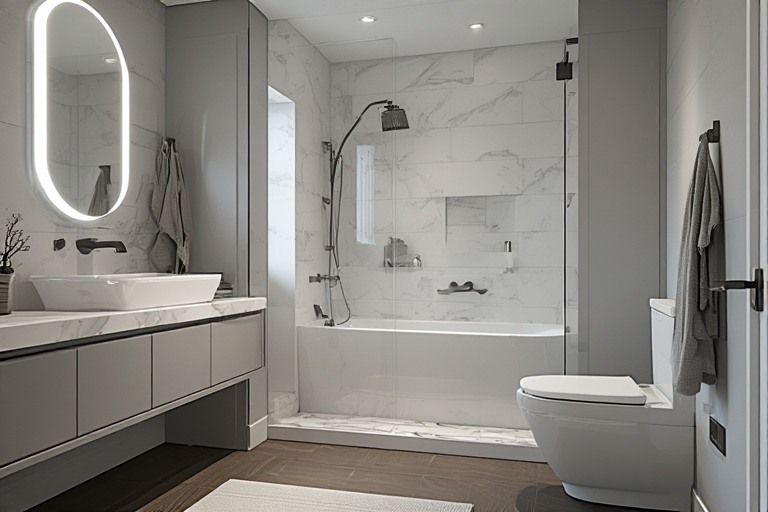 Minimalist Grey and White Bathroom Tiles Design