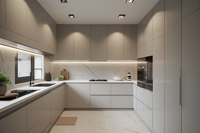 Minimalist L-shape modular kitchen design with clean lines and matte tiles