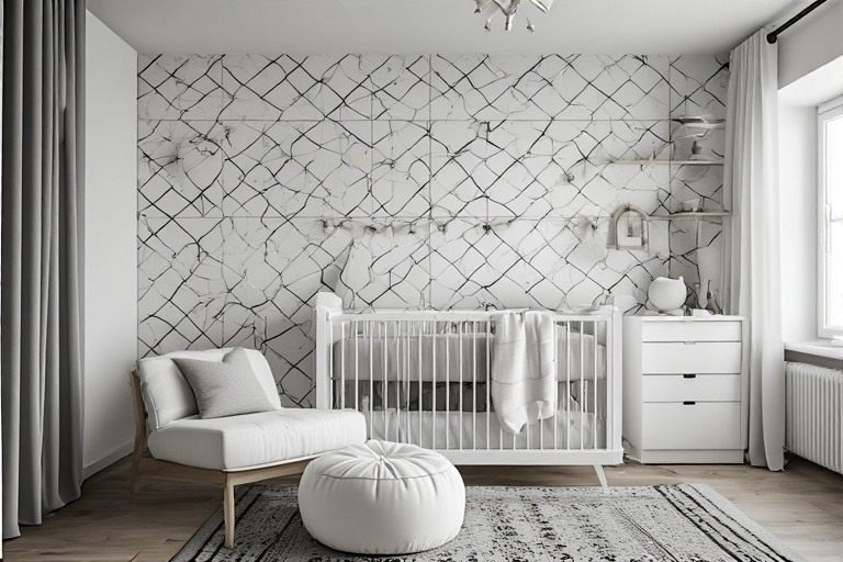 Minimalist monochrome baby room design with patterned visual interest