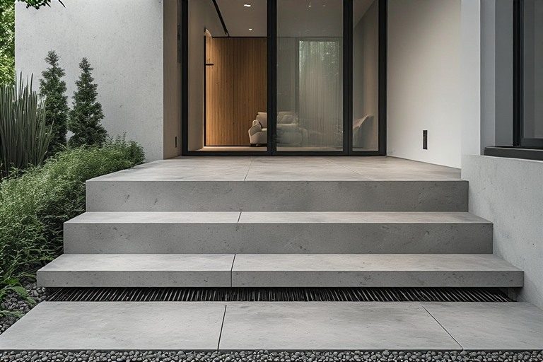 Minimalist outside entrance stairs design with integrated drainage