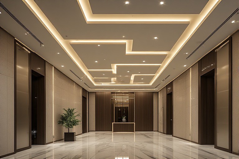 Minimalist POP design for lobby with focused recessed lighting