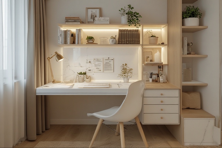 Minimalist White Study Table with Wall-Mounted Bookshelf for Clean and Modern Design