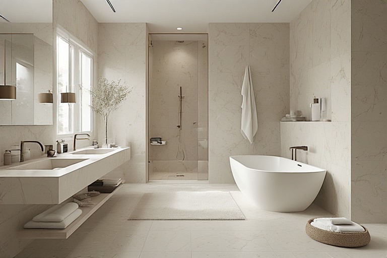 Minimalist zen bathroom interior design with neutral tiles