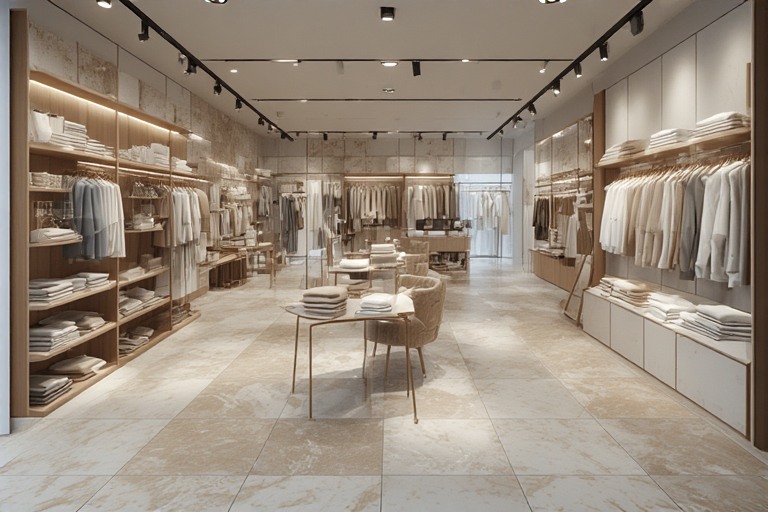 Minimalist cloth shop design featuring large format decorative tiles for a clean modern look