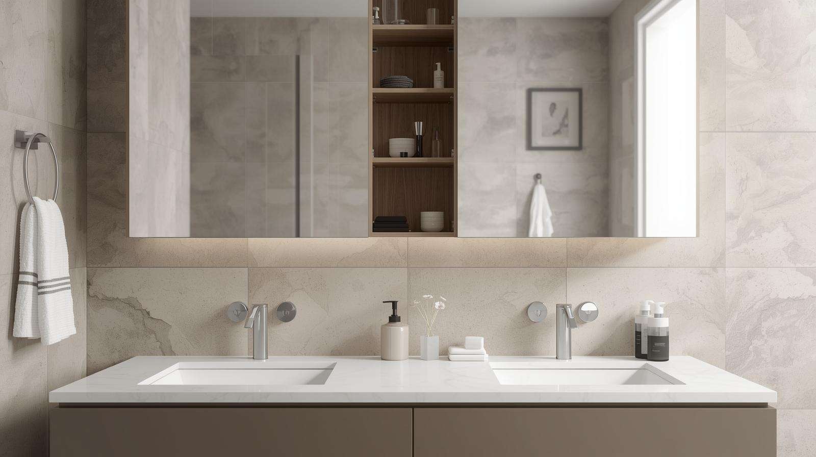 Mirror cabinet vanity design offers smart storage solutions while adding brightness and depth to the bathroom.