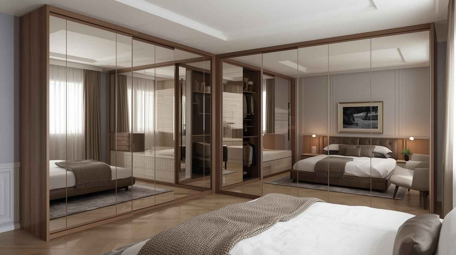 Mirror-embedded wardrobes enhance space visually and add a luxurious, modern touch to compact bedrooms.