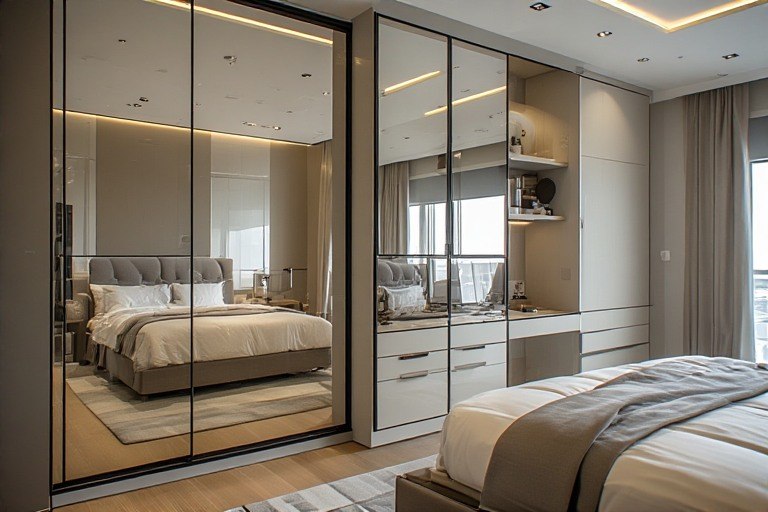 Mirrored wardrobe with dressing table and built-in counter