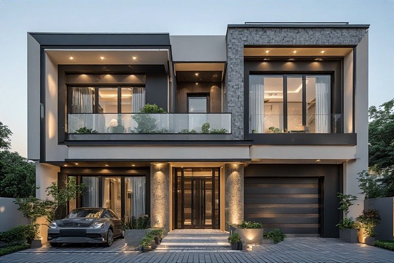 Mixed material double floor normal house front elevation designs