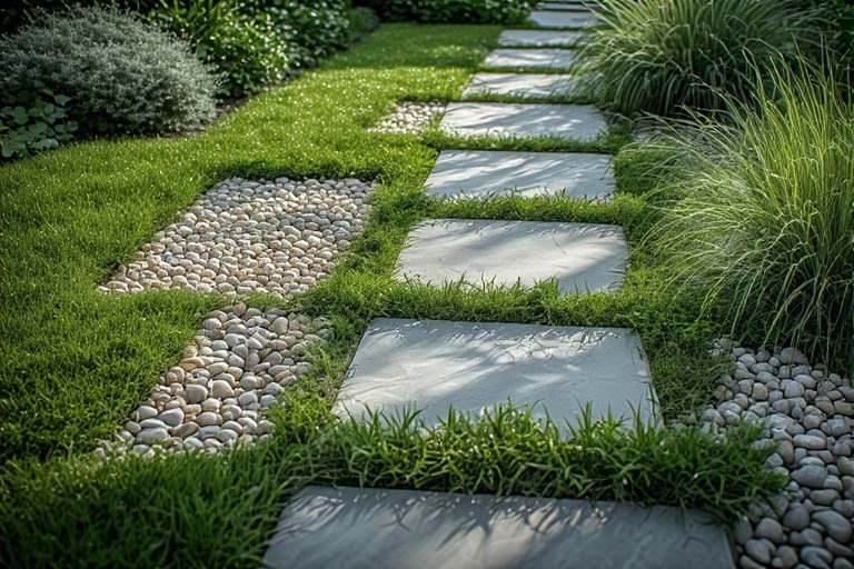 Integrated garden tiles and grass for a natural landscape flow