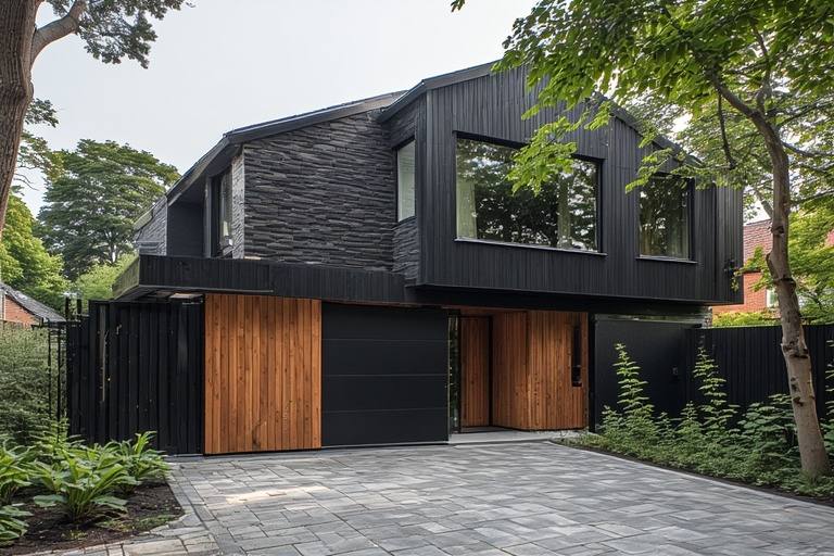 Modern black and natural wood tones best colour combination for house exterior with wood-finish tile accents.