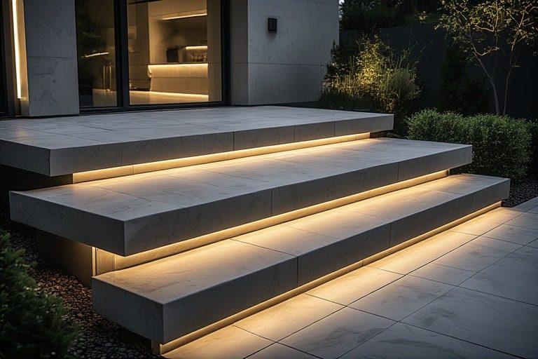 Modern floating entrance steps with lighting outdoor stairs design