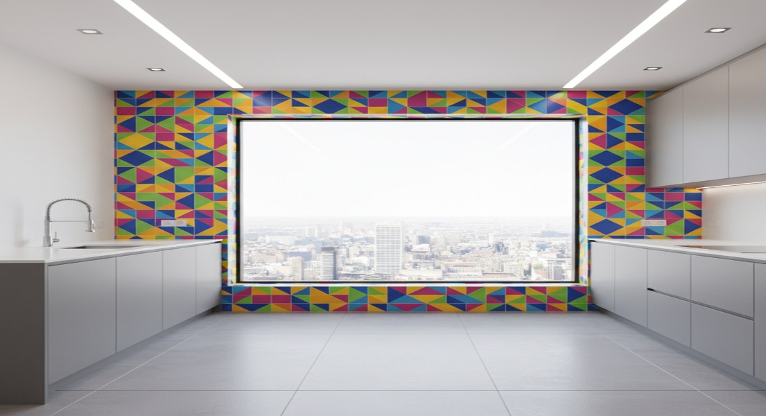Modern Frameless Windows with Bright Geometric Tiles