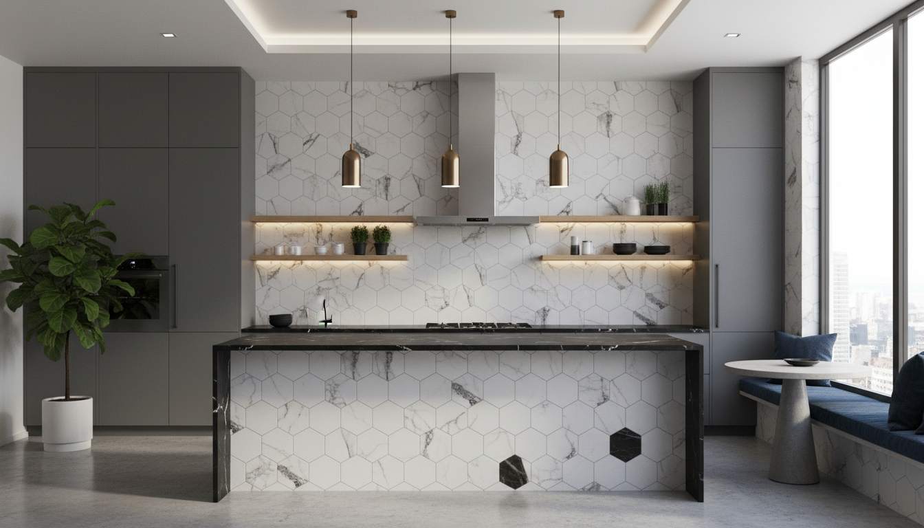 Modern hexagonal marble tile wallpaper arrangement for vanity areas