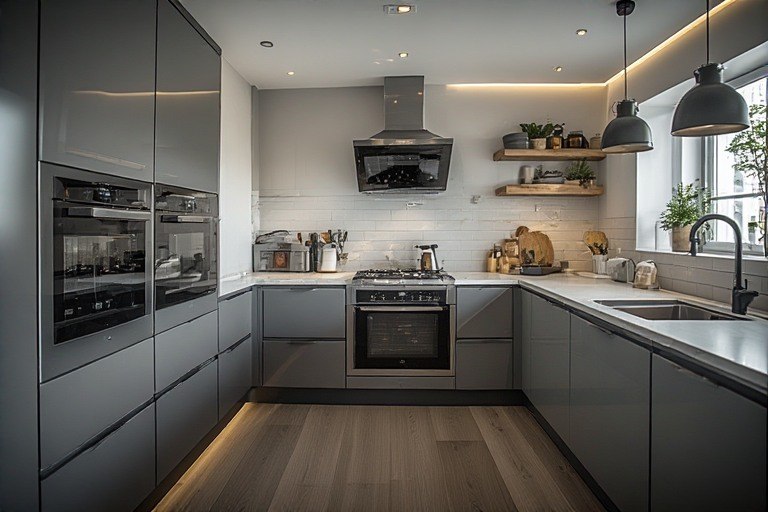 Sleek L-shape modular kitchen design featuring integrated built-in appliances