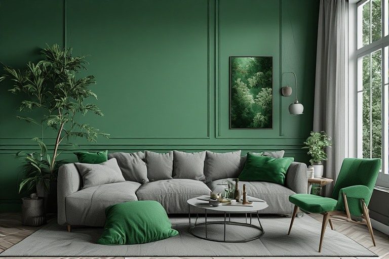 Modern medium grey colour combination with vibrant emerald green for a nature-inspired living room.