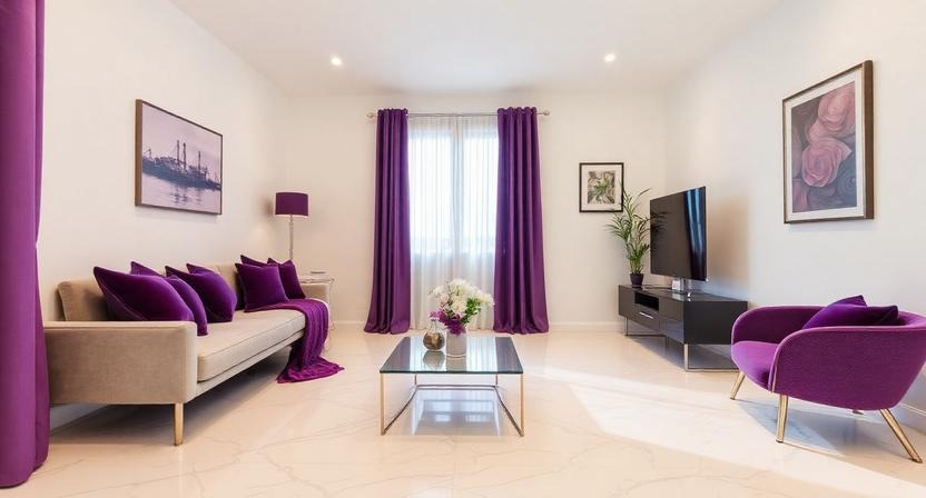 Modern Minimalism with White Marble-Effect Tiles and Purple Accents