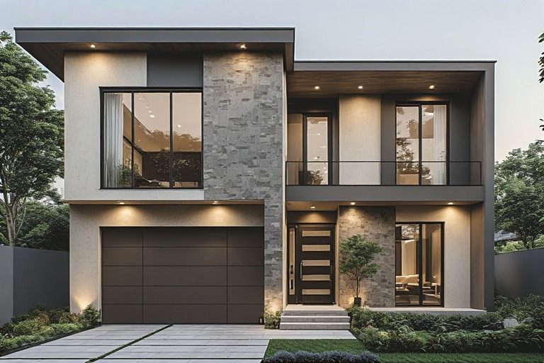 Modern minimalist double floor normal house front elevation designs