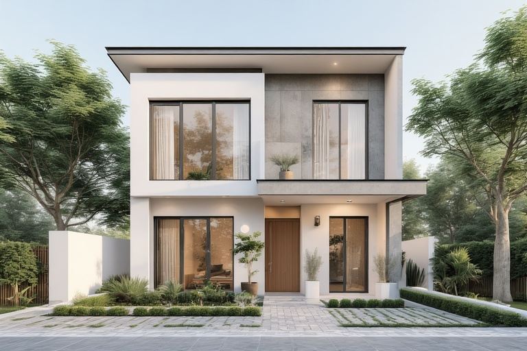 Modern minimalist village single floor home front design featuring clean lines and neutral tiles