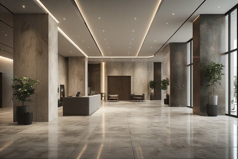 Modern minimalist lobby design featuring large format seamless slabs.