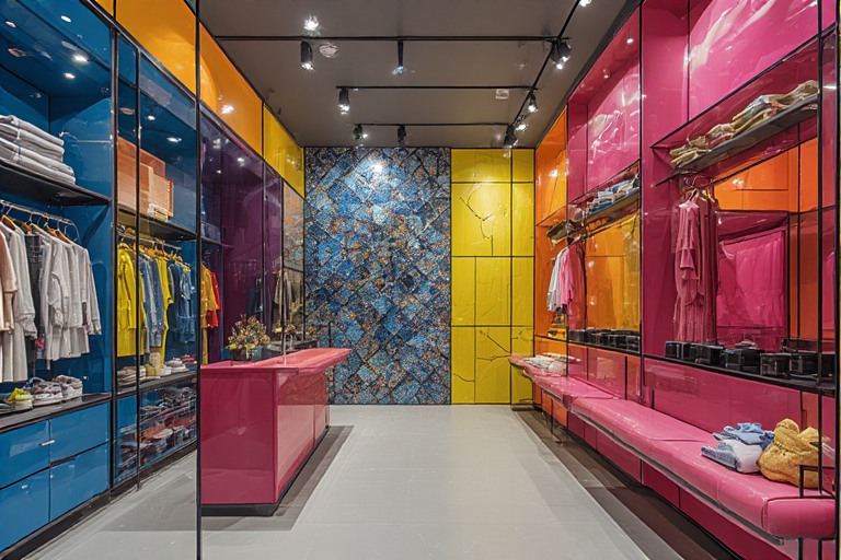 Modern cloth shop design using colorful decorative wall tiles for a vibrant brand statement