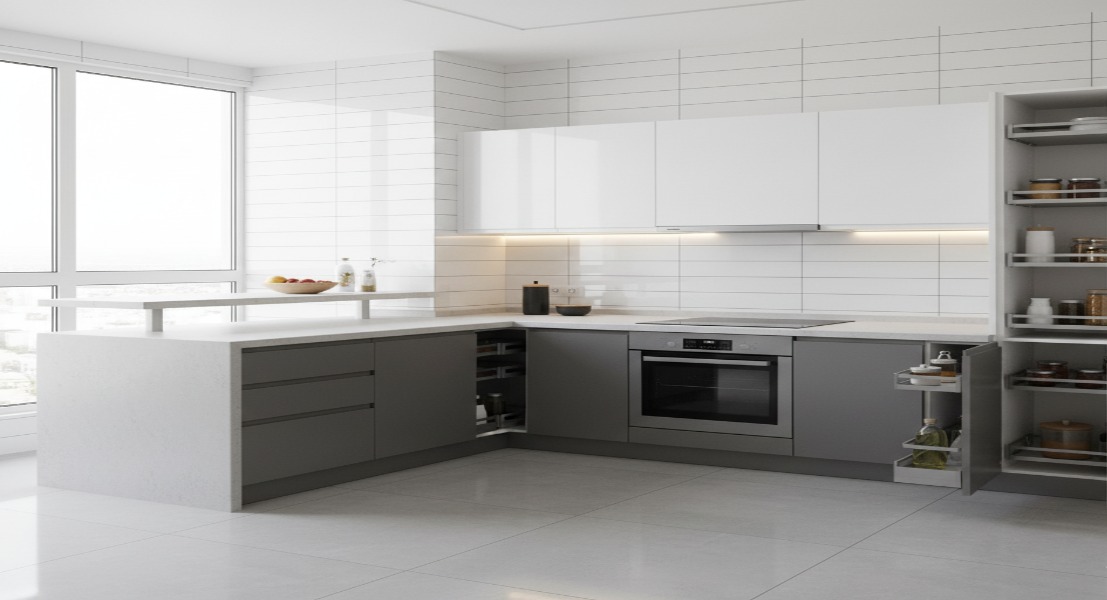 Modular Kitchen with Glossy Tiles and Smart Storage