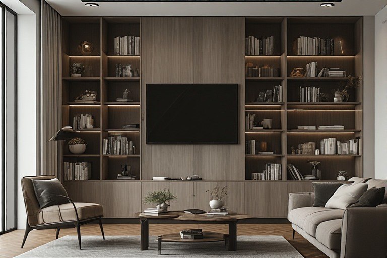 Modular wall showcase design for living room.