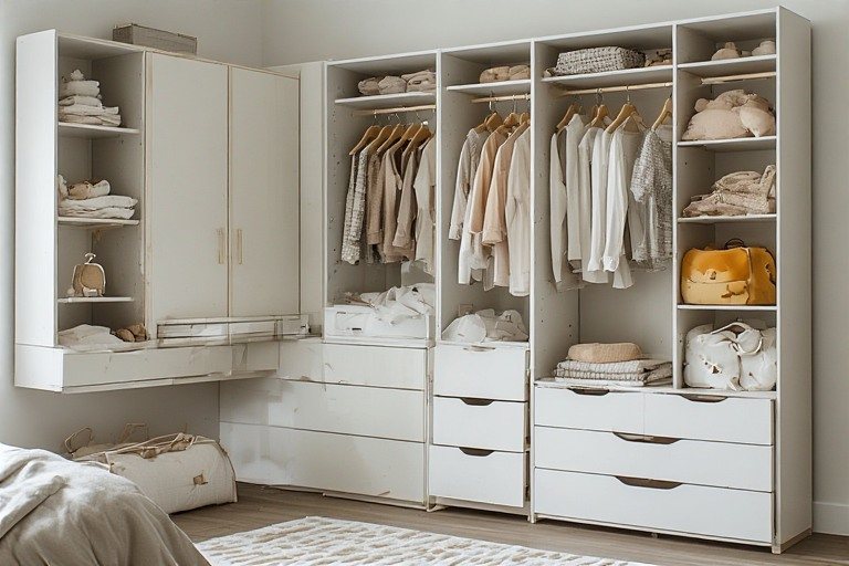 Adjustable modular modern wardrobe designs for childrens room growth.