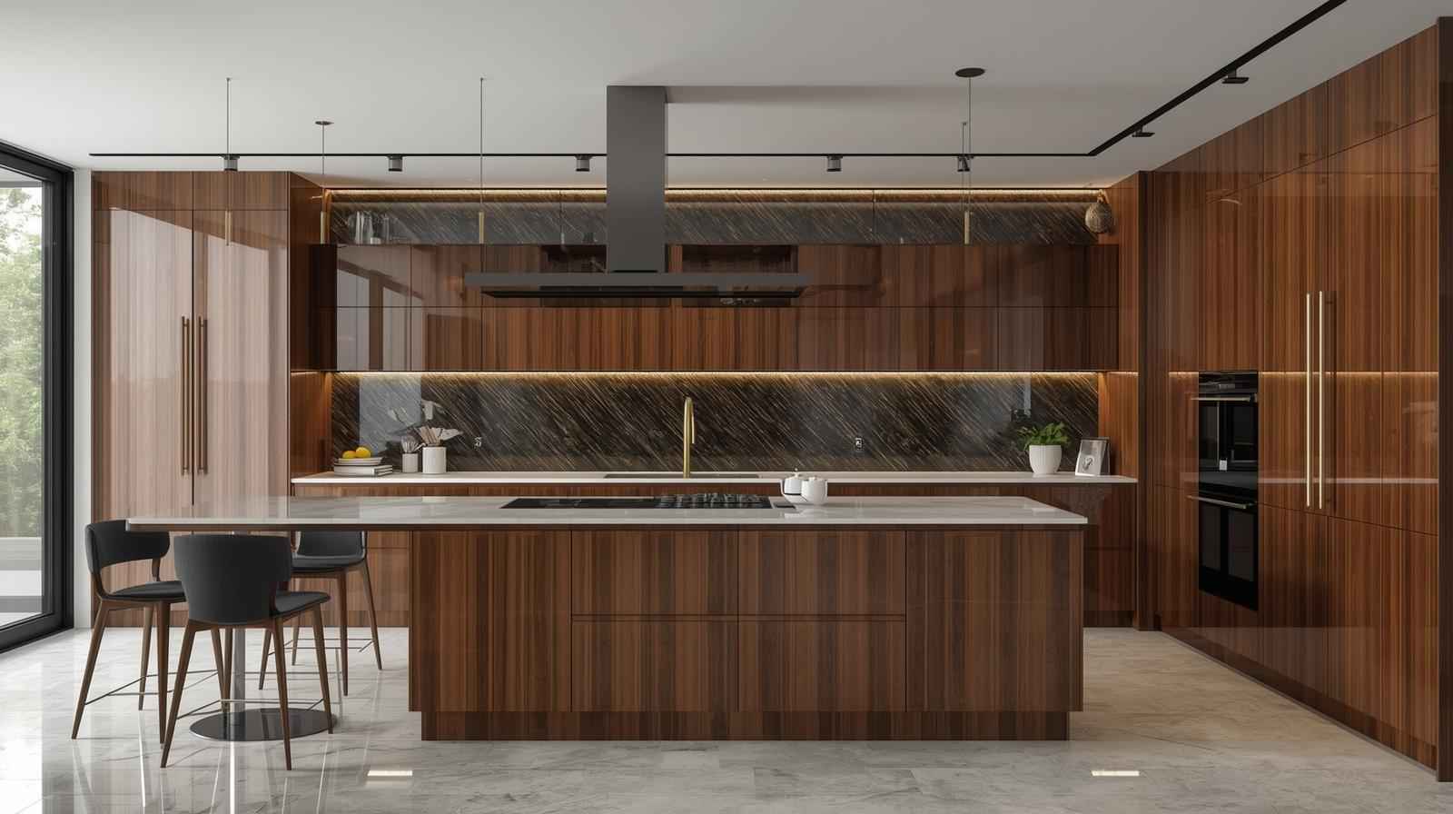 Modular Wooden Kitchen with Glass Tiles Backsplash