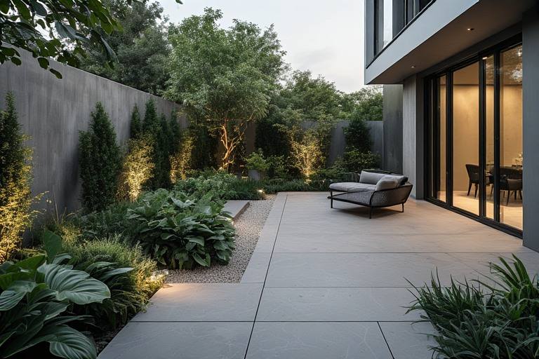 Sleek monochromatic garden tiles in grey for contemporary patios