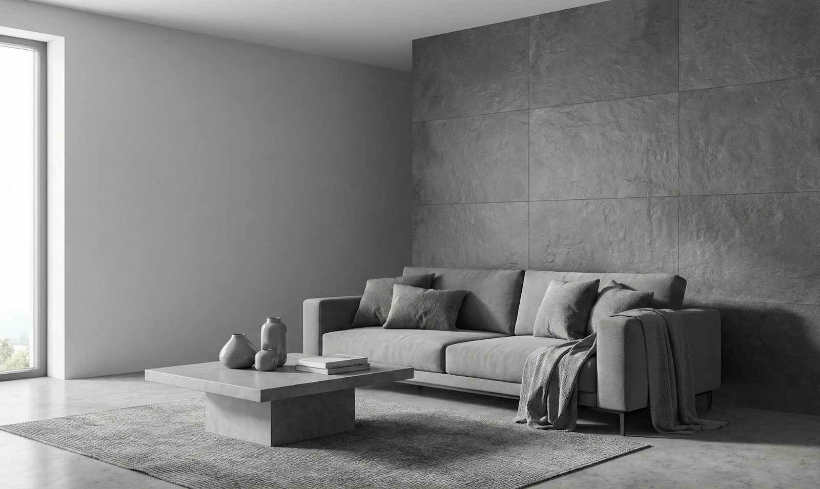 Minimalist monochromatic grey colour combination using different tones to create depth and elegance.