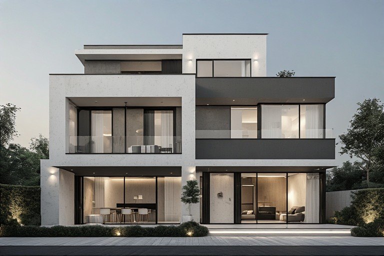 Monochromatic 3 floor house design with layered grey textures.