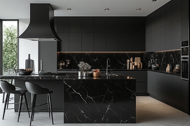 Monochrome Modern Black Granite Kitchen