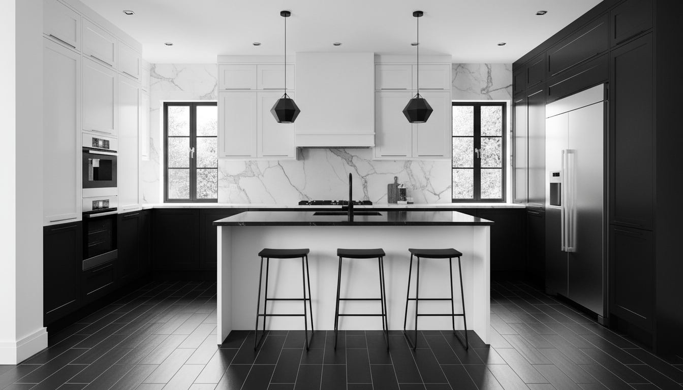 Black and white monochrome kitchen interior design