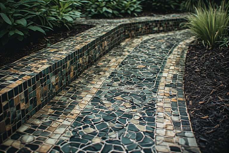 Decorative mosaic garden tiles for artistic borders and steps