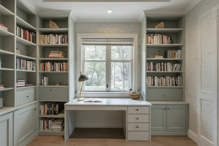 Multi-Level Bookshelves with Compact Desk Setup for Organized Workspace