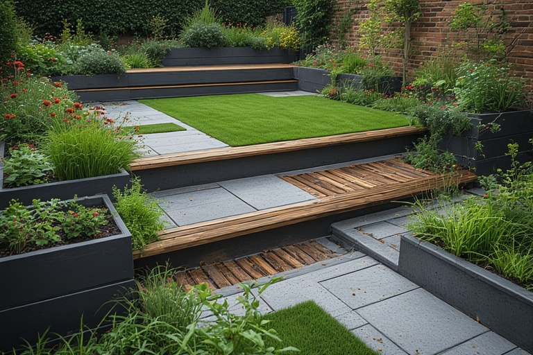 Multi-Level Terrace with Grass and Outdoor Tile Mix