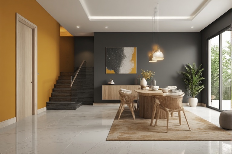 Mustard Yellow and Charcoal Grey Combinations Ideas for Hall Interior Walls for Bold and Contrasting Style