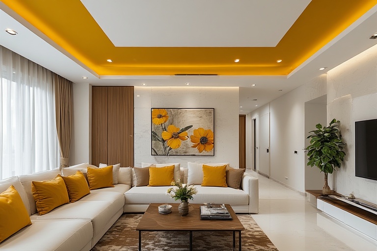Mustard Yellow and White False Ceiling Colour Combination for Bright Home Interiors