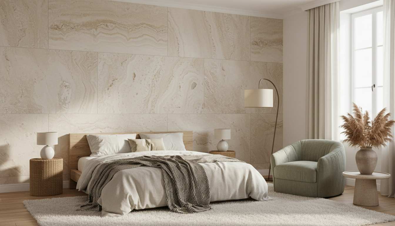 Muted earthy travertine look marble tile wallpaper for cozy lounges