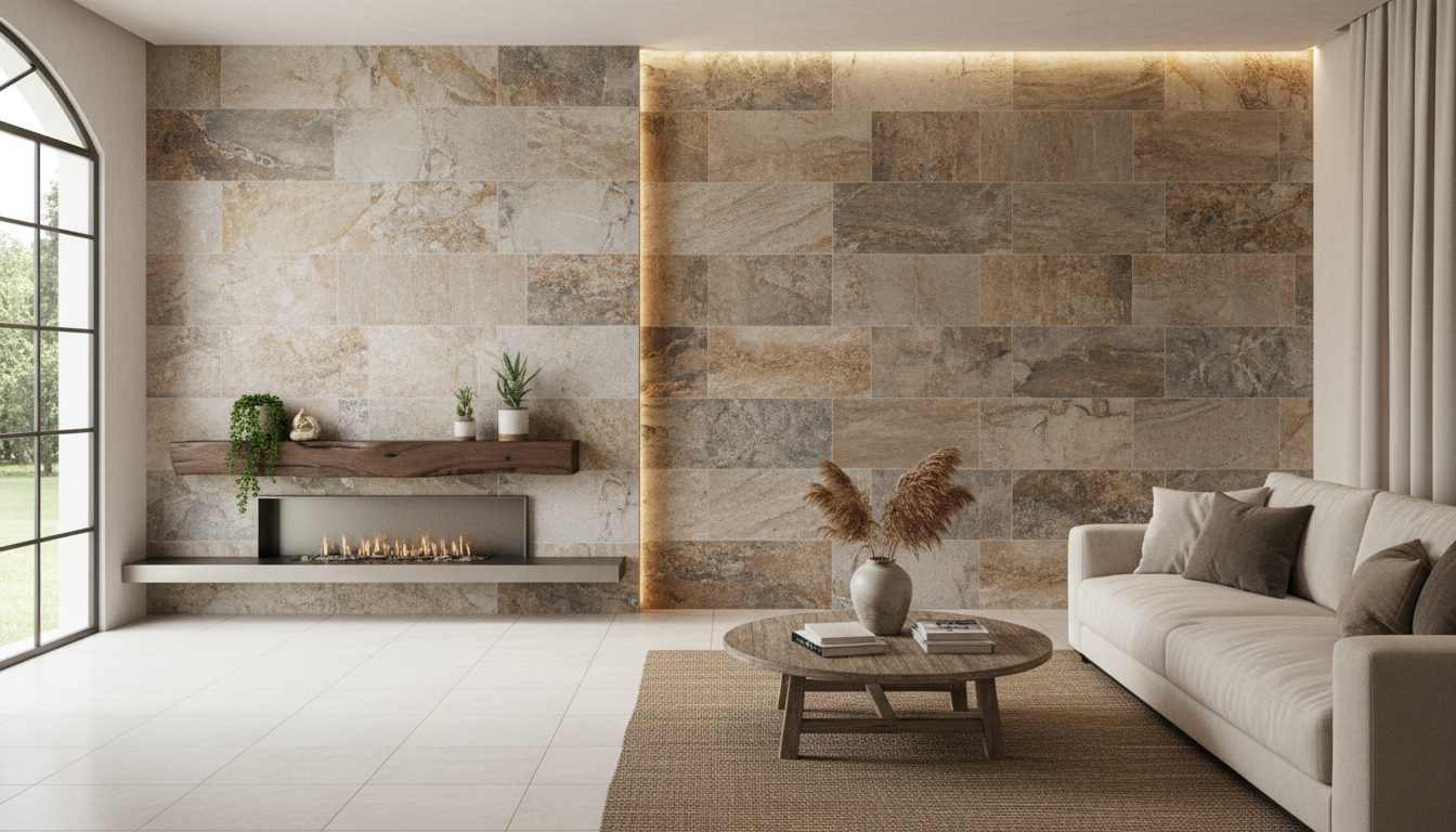 Natural stone look home wall design with textured tiles